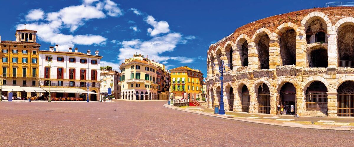 Roman amphitheatre Arena di Verona and Piazza Bra square panoram