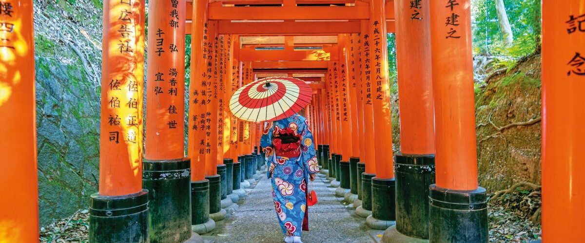 Asian women in traditional japanese kimonos at Fushimi Inari Shr
