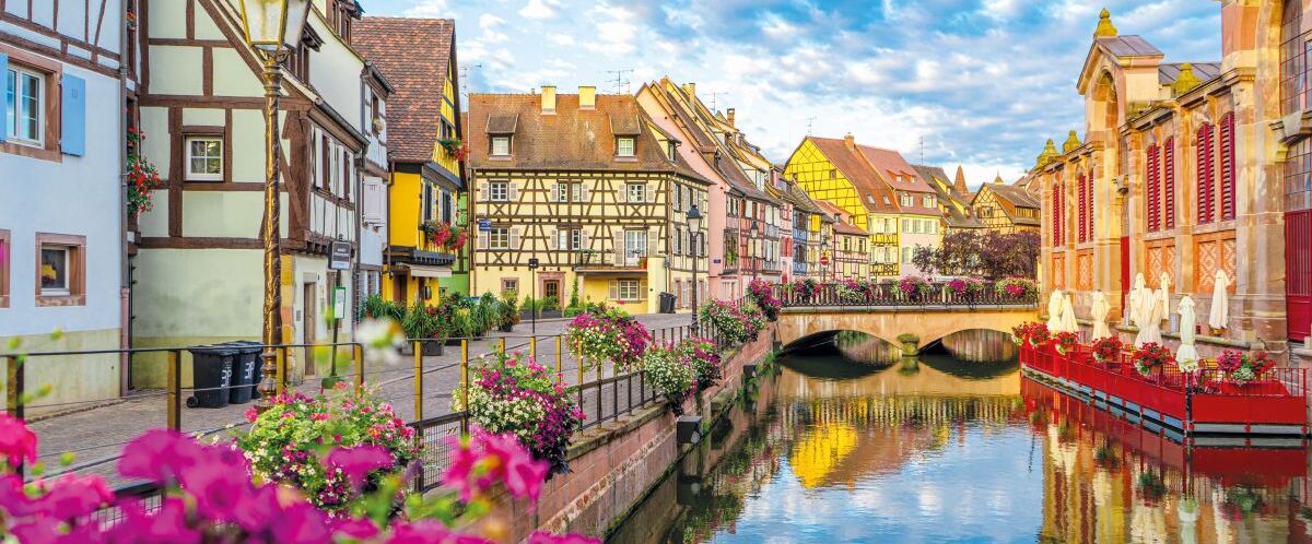Spectacular colorful traditional french houses on the side of river Lauch in Petite Venise,Colmar,France