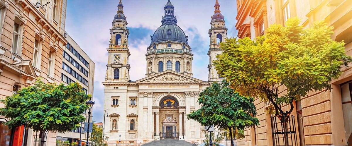 St. Stephen's Basilica in Budapest, Hungary at night. Roman catholic cathedral.