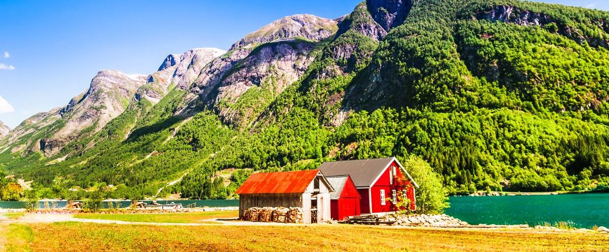 Norwegian Sognefjord with a typical red house