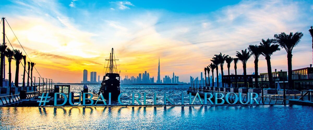 Dubai, United Arab Emirates - January 10, 2019: Dubai creek harbor landmark skyline view of modern skyscrapers of Dubai at sunset