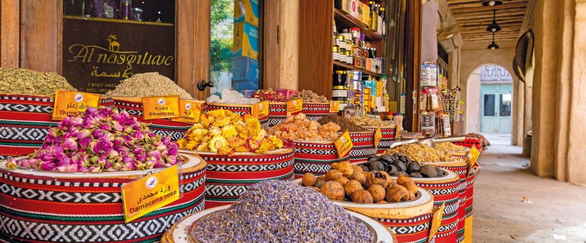 Dubai Spice Souk. Traditional bazaar in Dubai, United Arab Emirates (UAE) Selling a variety of fragrances and spices, herbs.