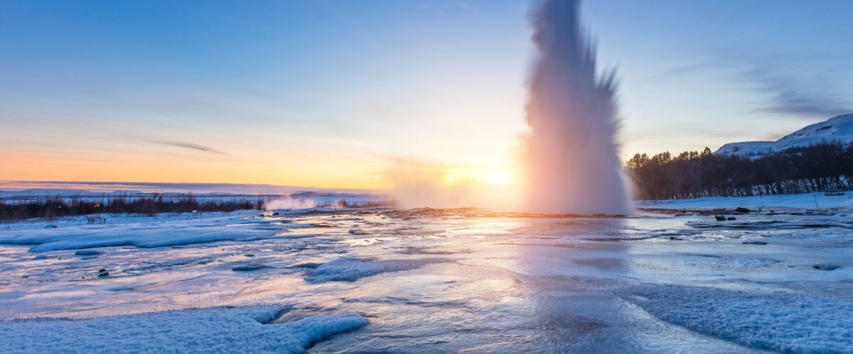 Famous,Geysir,In,Iceland,In,Beautiful,Sunset,Light.,One,Of