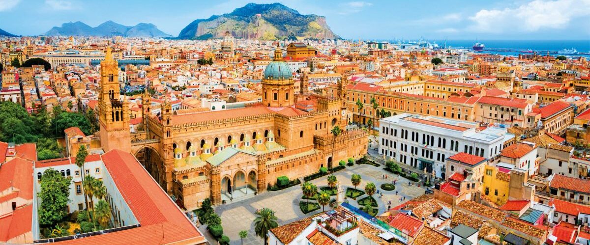 Palermo Cathedral or Duomo aerial panoramic view in Palermo. Palermo is the capital of Sicily island, Italy.
