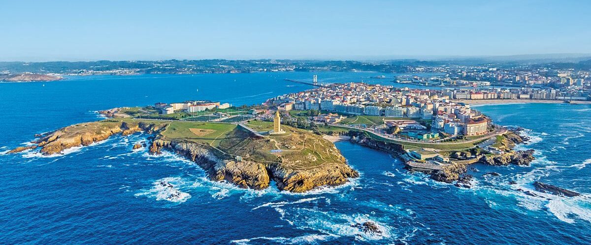 Aerial view of A Coruna coastal city and Hercules tower, Galicia