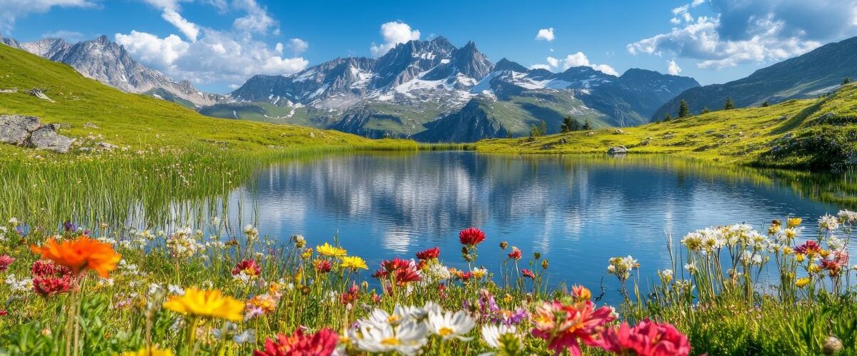 Gorgeous alpine scene with lake and flowers from a meadow in fro