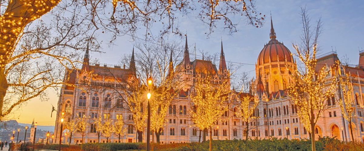Parliament building, illuminated trees, Christmas Eve, Budapest