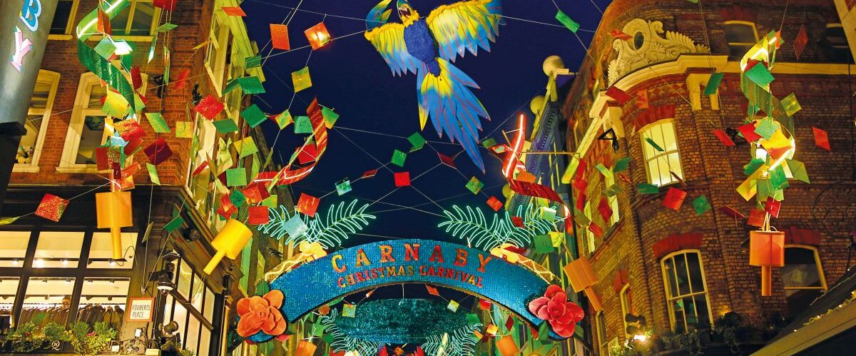 Christmas Lights in Carnaby Street, London with a tropical Xmas Carnival theme