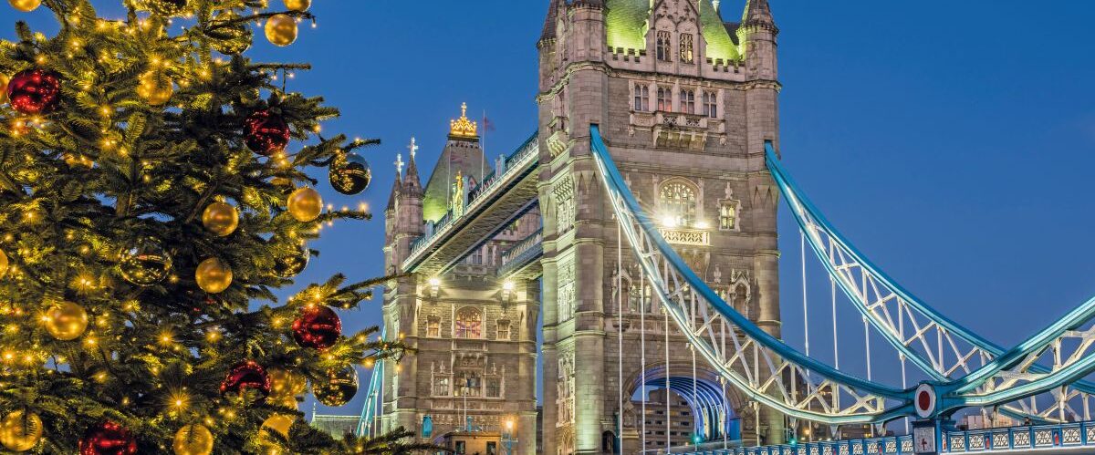 Christmas Tree and Tower Bridge at Night, London, UK