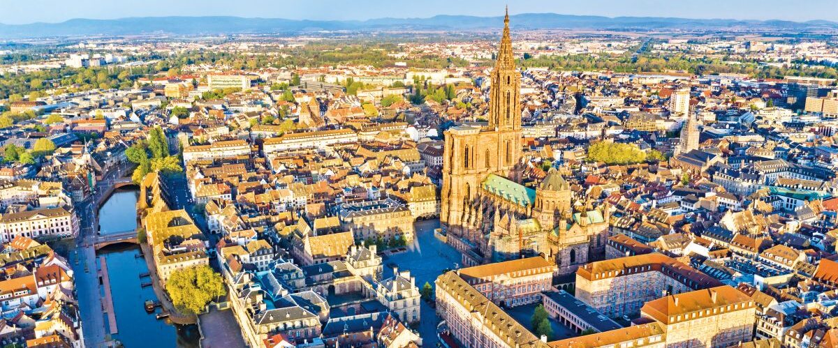 Aerial view of Strasbourg Cathedral in Alsace, France