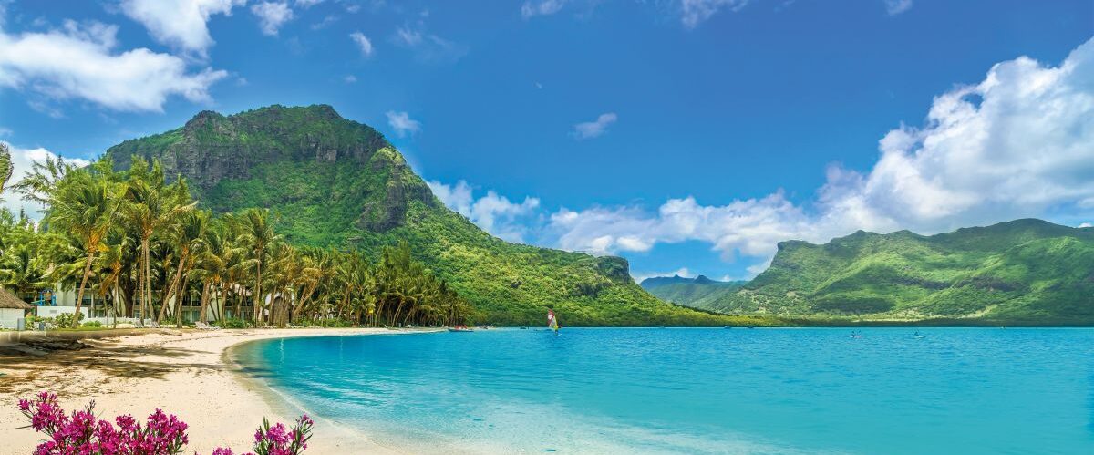 Landscape with Le Morne beach and mountain at Mauritius island,