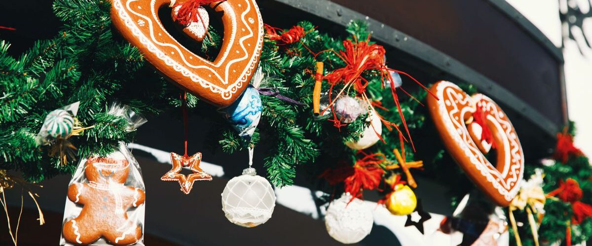 Background with gingerbreads at the Christmas market in Cesky Krumlov, Czech Republic, Europe.