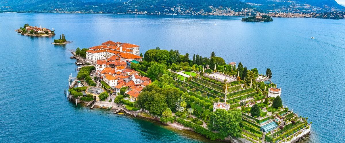 Aerial view of Isola Bella, in Isole Borromee archipelago in Lake Maggiore, Italy
