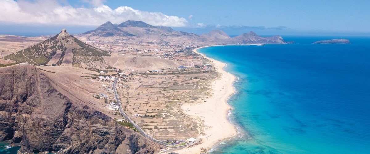 Porto Santo Island - drone top view from ilhéu de baixo on a su