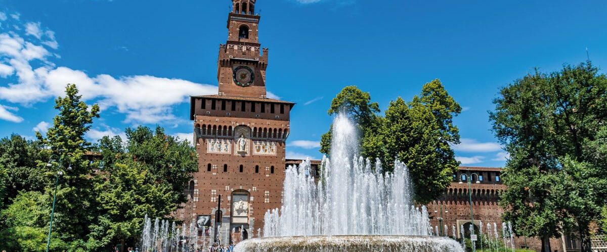 Main entrance to the Sforza Castle - Castello Sforzesco and foun