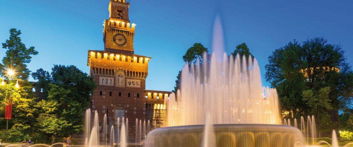 Night view of Sforza Castle (Castello Sforzesco) in Milan, Italy