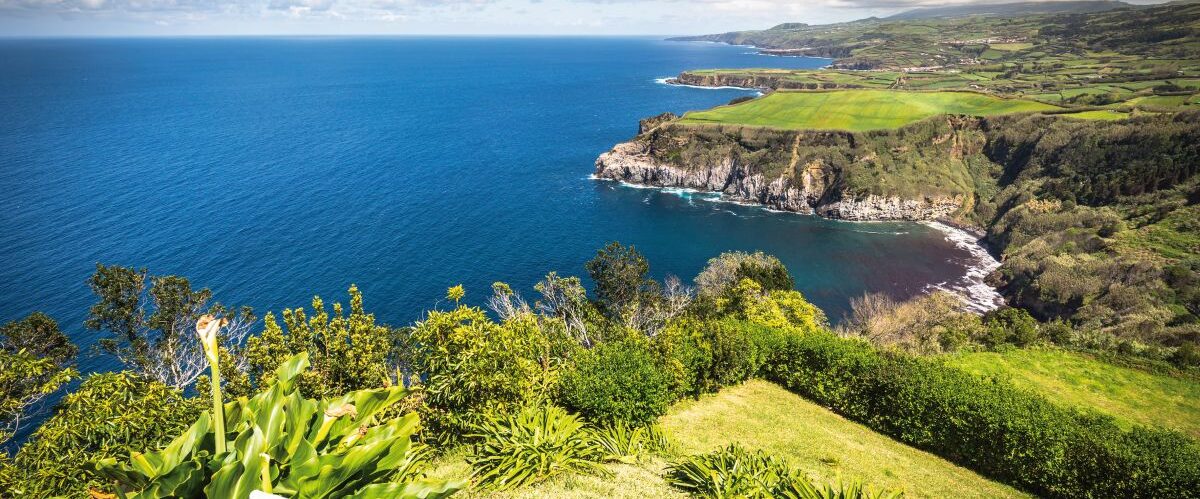 Green island in the Atlantic Ocean, Sao Miguel, Azores, Portugal